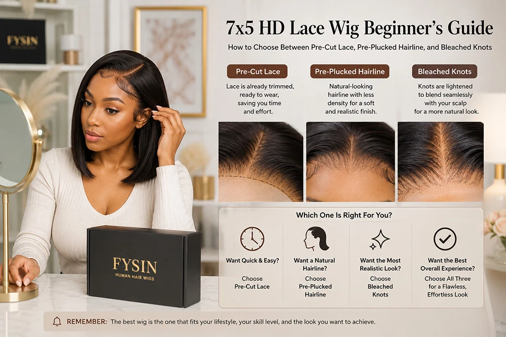 7x5 HD Lace Wig Beginner’s Guide: How to Choose Between Pre-Cut Lace, Pre-Plucked Hairline, and Bleached Knots