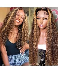 13x4 Highlight HD Lace Front Wig P4/27 Curly Human Hair