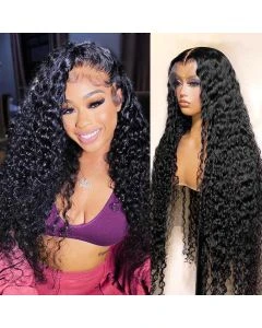 13x4 HD Lace Front Water Wave Wig – Natural Black Human Hair Wig with Easi-Drawstring Cap