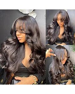 7×4 Glueless Layered Body Wave Wig Pre-Plucked with Butterfly Curtain Bangs