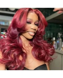 Burgundy Body Wave Curtain Bangs Wig 99J Color Layered Cut Human Hair Wigs Pre Styled 13x4 HD Transparent Lace Frontal Wig
