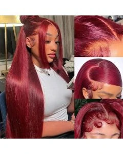 Burgundy 13x6 HD Lace Front Wig Straight Human Hair Transparent Pre Plucked