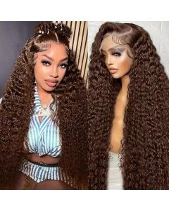13x6 Deep Wave Lace Front Wig Human Hair #4 Chocolate Brown Color HD Transparent Lace Frontal Wig Pre Plucked with Baby Hair