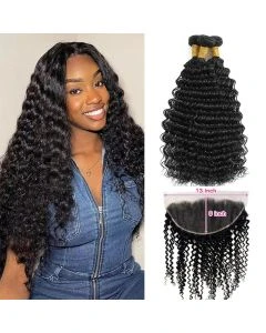 Deep Wave Human Hair with Frontal Virgin Hair Deep Wave Extensions 3 Bundles with 13x6 Lace Frontal