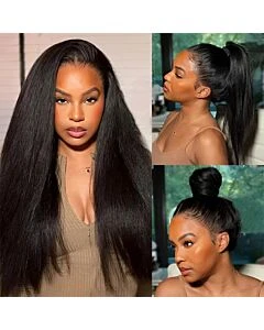 Glueless 360 Full Lace Frontal Wig Yaki Kinky Straight Human Hair Invisible Strap