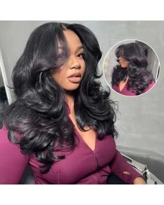 Curtain Bangs Body Wave Wig Human Hair Layered Cut 5x5 Lace Closure Wigs Pre Styled Pre Plucked