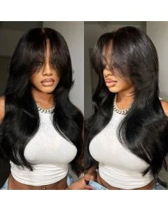 7×4 Glueless Layered Body Wave Wig Pre-Plucked with Butterfly Curtain Bangs