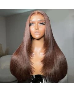 Chocolate Brown Straight 13x4 Lace Wig #4 Brown Layered Cut Human Hair Wig
