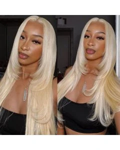 Layered Cut Straight Wig with Curtain Bangs Pre Plucked Pre Styled 613 Blonde Human Hair 13x4 Transparent HD Lace Front Wig