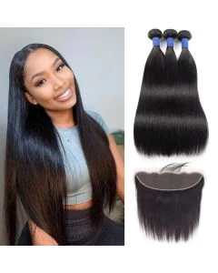 3 Bundles Straight Human Hair Weave Extensions With 13x4 Lace Frontal