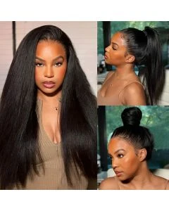 Glueless 360 Full Lace Frontal Wig Yaki Kinky Straight Human Hair Invisible Strap