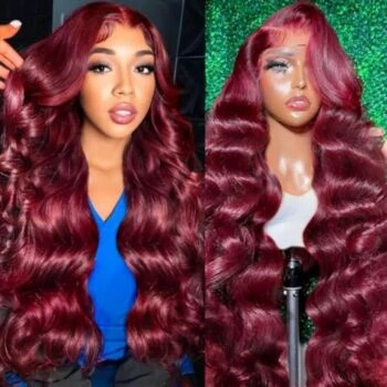 99J Burgundy 13x6 Lace Front Wig – 180% Density Pre-Plucked 100% Human Hair Wig with Baby Hair