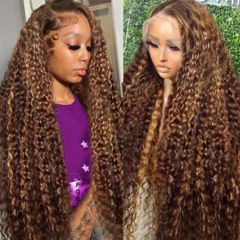 Highlight Deep Wave Honey Blonde 13x4 HD Lace Frontal Human Hair P4/27 Color Glueless Pre-Plucked Wig for Women