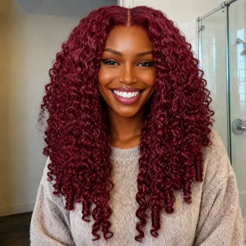 Fysin Burgundy 99J Color Burmese Curly Wear Go Wig Pre Cut 7X5 Lace Snug Fit Drawstring