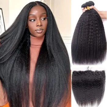 Kinky Straight Human Hair 3 Bundles with Frontal Unprocessed Virgin Hair with 13x4 Lace Frontal