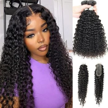Curly Hair Extensions with Closure Human Hair Curly Hair 3/4 Bundles with 2x6 Lace Closure
