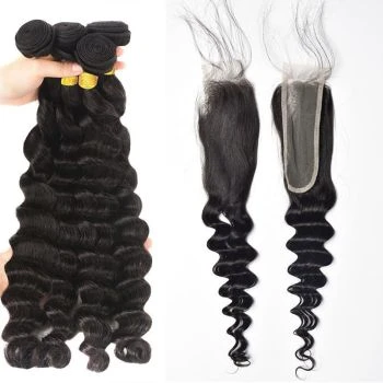 Loose Deep Wave Bundles with Closure Deal 3/4 Pcs Human Virgin Hair Bundles with 2x6 Lace Closure