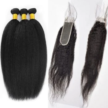 Kinky Straight 3/4 Bundles Human Hair with 2x6 Lace Closure 100% Unprocessed Virgin Hair