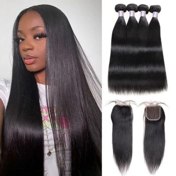 4 Bundles Straight Virgin Hair with 4x4 Lace Closure 100% Unprocessed Human Hair