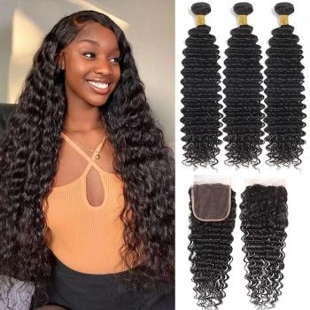 Deep Wave Bundles with Closure Virgin Human Hair 3 Bundles with 4x4 Lace Closure