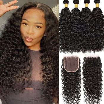 4 Bundles Water Wave Virgin Human Hair With 4x4 Lace Closure