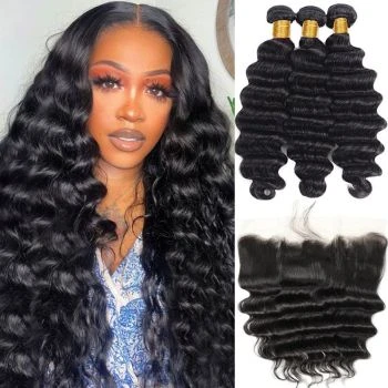 Loose Deep Wave Bundles with 13x4 Lace Frontal Human Hair 3 Bundles with Frontal