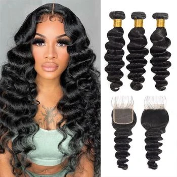 Human Hair Loose Deep Wave 3 Bundles With 4x4 Lace Closure