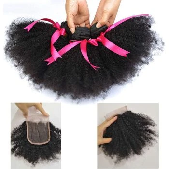 3 Bundles Kinky Curly Virgin Human Hair with 4x4 Lace Closure