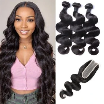 3/4 Bundles Body Wave Human Hair Weave Extensions with 2x6 Lace Closure