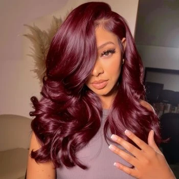 99J Burgundy Peacock Curls 13x6 Full Glueless Lace Front Wig Pre -Styled Human Hair with Heavy Layers Pull & Go Ease