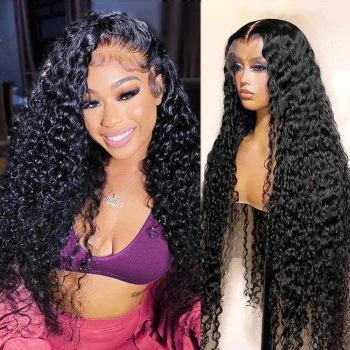 13x4 HD Lace Front Water Wave Wig – Natural Black Human Hair Wig with Easi-Drawstring Cap