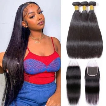 Straight Human Hair 3 Bundles with 4x4 Lace Closure Virgin Hair Weave