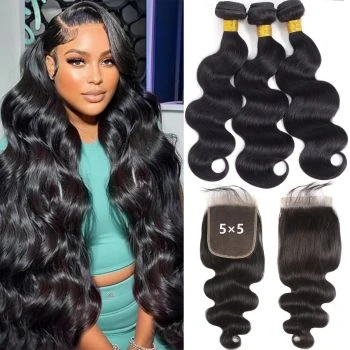 Body Wave 3 Bundles with 5×5 HD Lace Closure Brazilian Virgin Human Hair Weave
