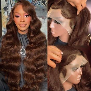 13x4 Chocolate Brown Body Wave Lace Front Wig - Human Hair with Pre-Plucked Hairline & Bleached Knots