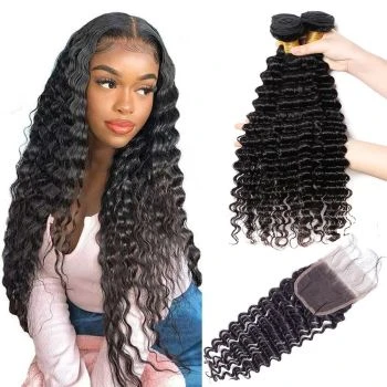 3 Bundles Deep Wave 12A Brazilian Virgin Human Hair Weave + 5x5 HD Lace Closure