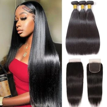 5x5 Lace Closure Straight Hair 3 Bundles Human Hair Brazilian Human Hair Weave
