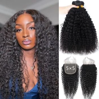 12A Curly 3 Bundles Human Hair with 5x5 HD Lace Closure 100% Unprocessed Virgin Brazilian Human Hair Weave Bundles