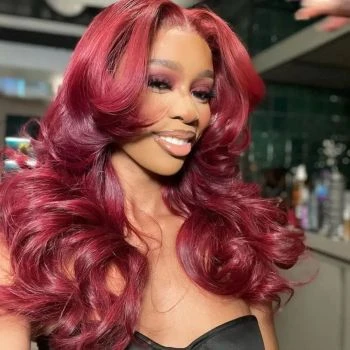 Burgundy Body Wave Curtain Bangs Wig 99J Color Layered Cut Human Hair Wigs Pre Styled 13x4 HD Transparent Lace Frontal Wig