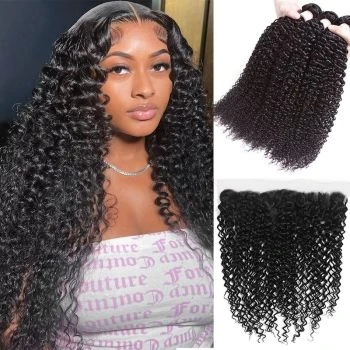 Curly Hair Extensions 3 Bundles with 13x4 Lace Frontal 100% Unprocessed Virgin Hair