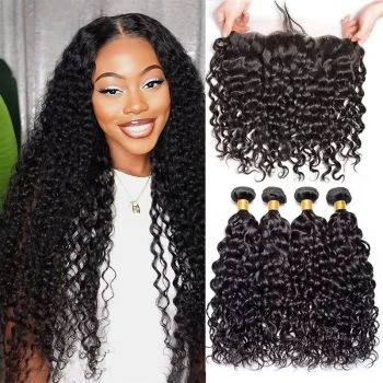 Water Wave Hair Bundles with Frontal Human Hair Extensions 3 Bundles with 13x4 Lace Frontal