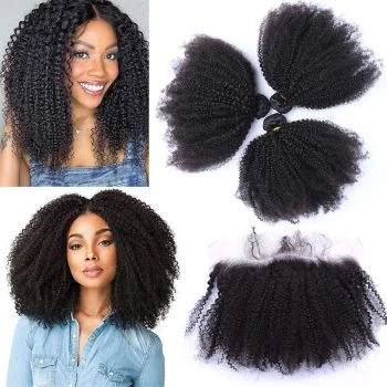 Kinky Curly Hair 3 Bundles with Frontal Human Curly Hair Extensions with 13x4 Lace Frontal