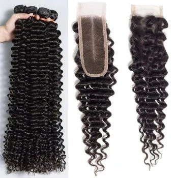 Deep Wave 3/4 Bundles with 2x6 Lace Closure Virgin Human Hair
