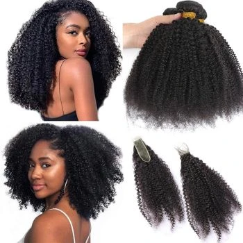 Kinky Curly Virgin Human Hair Bundles with 2x6 Lace Closure 3/4 Pack Curly Extensions
