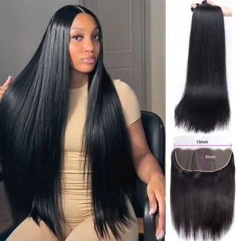 3 Bundles Straight Virgin Human Hair Extensions with 13x6 Lace Frontal