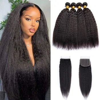 4 Bundles Yaki Kinky Straight Human Hair Weave With 4x4 Lace Closure