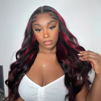 Black with Red Highlight Body Wave Lace Frontal Wig Pre Plucked 180% Density