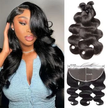 Human Hair 3 Bundles with Frontal Body Wave Virgin Hair Extensions with 13x6 Lace Frontal