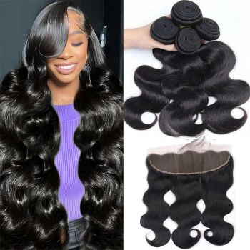Human Hair Body Wave with Frontal Unprocessed Virgin Hair Weave with 13x4 Lace Frontal