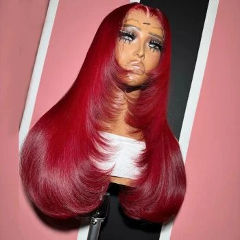 99J Burgundy Layered Straight Wig Lace Frontal Curtain Bangs Pre-Plucked