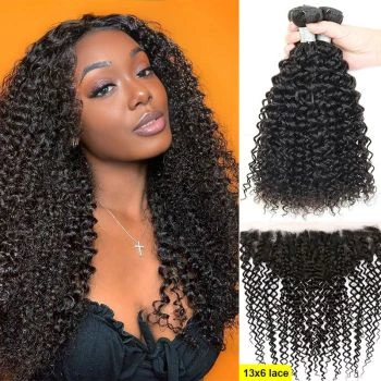 Curly Hair Bundles with Lace Frontal 100% Virgin Human Hair 3 Bundles with 13x6 Lace Frontal